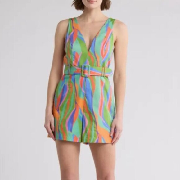 NWT Hutch Multi Color Sleeveless Belted V Neck Romper - Picture 1 of 11